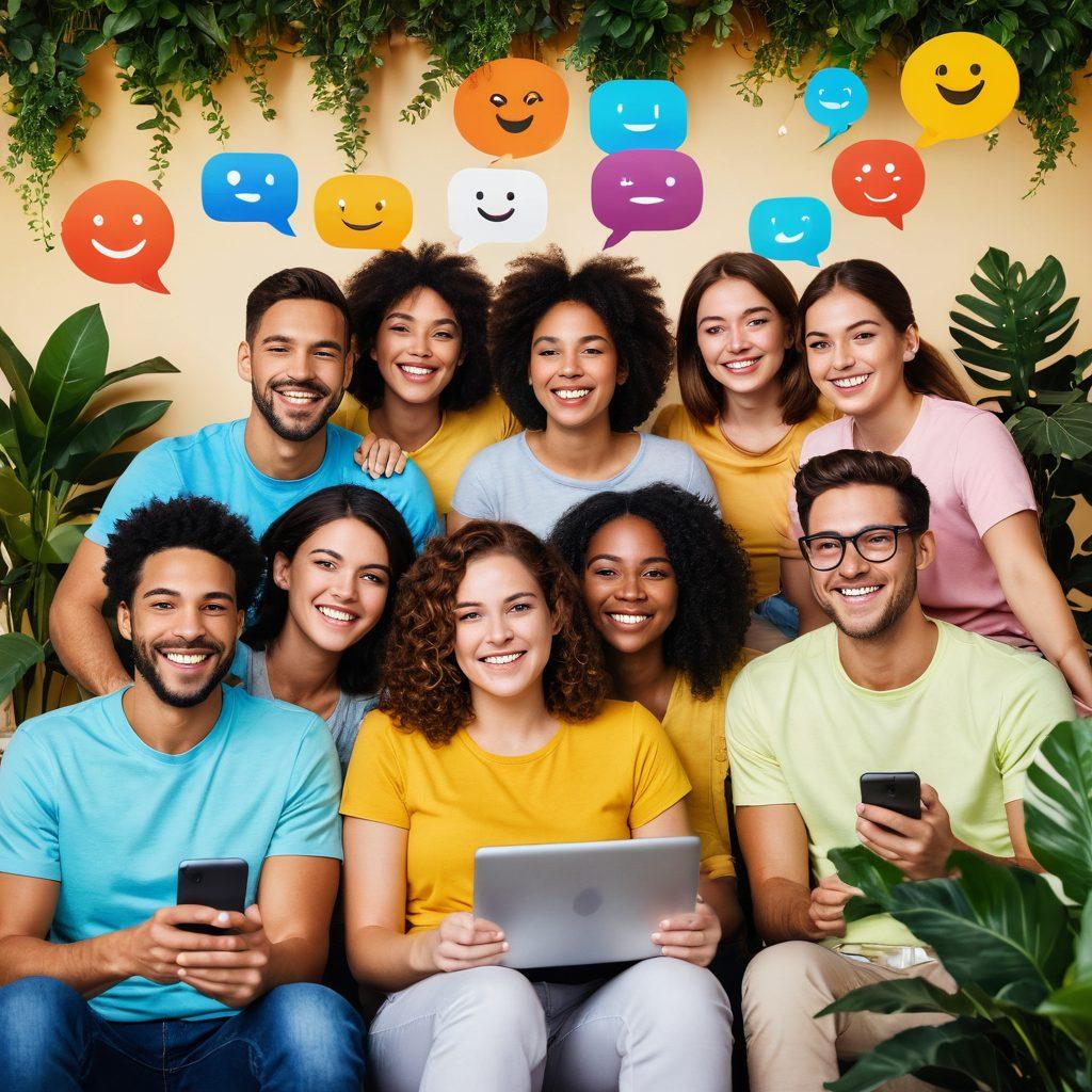 A lively scene featuring diverse individuals engaging in a warm, friendly live video chat on their devices, surrounded by colorful speech bubbles filled with smiling emojis. The background is a cozy, inviting home environment with plants and comfortable furniture, reflecting a sense of connection and joy. The lighting is bright and cheerful, highlighting the expressions of happiness on the participants' faces. super-realistic. vibrant colors. warm tones.