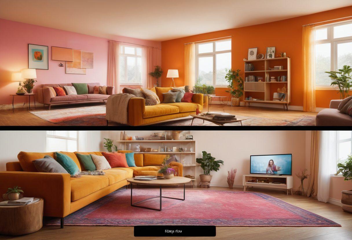 A split-screen image depicting a cozy living room on one side and a vibrant webcam studio on the other, showing a person engaging emotionally through a screen while sharing laughter with a virtual friend. Include soft lighting and warm colors in the living room, contrasting with the bright, high-tech setup of the webcam studio. Blend elements of digital interaction with genuine human expressions. super-realistic. vibrant colors. 3D.